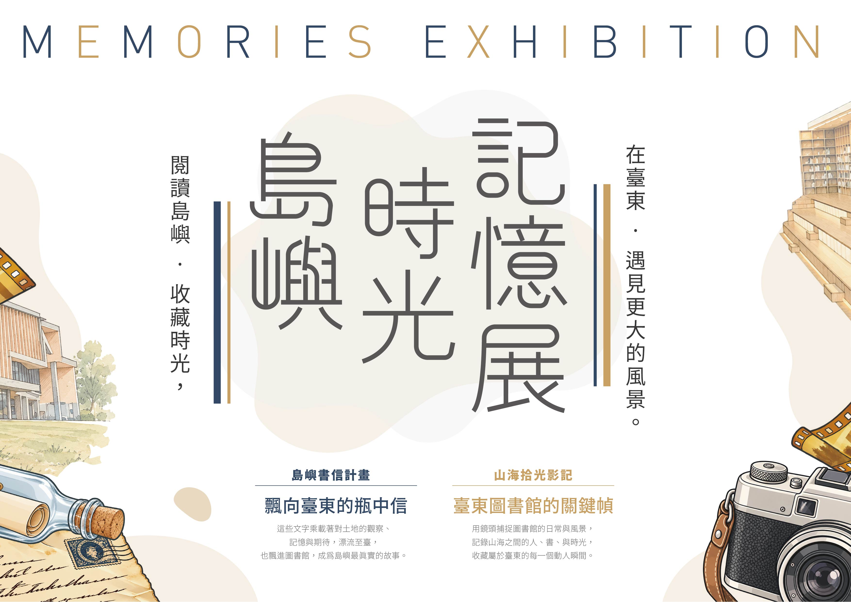 島嶼時光記憶展：閱讀島嶼，收藏時光；在臺東，遇見更大的風景。瓶中信、圖書館與相機串起書信與攝影展覽。